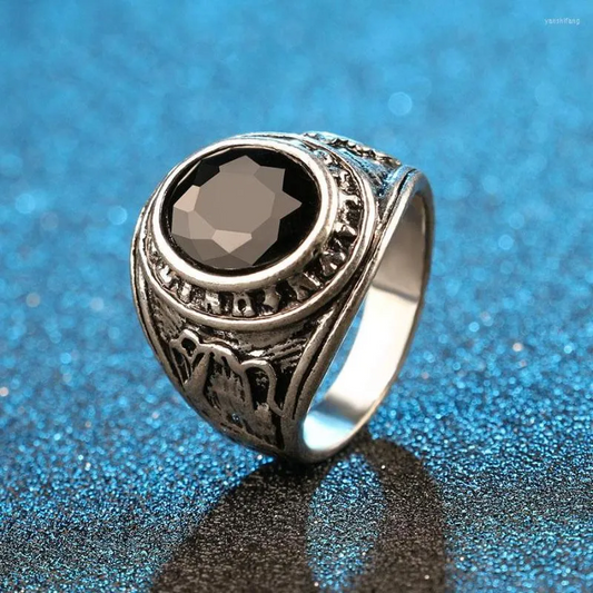 Men's Retro Black Agate Resin Antique Silver Ring