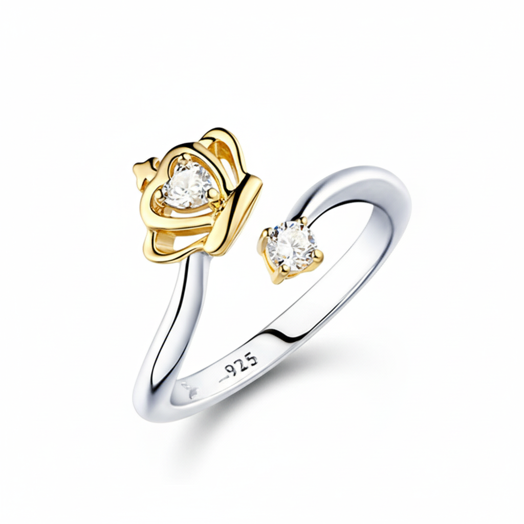 925 Sterling Silver Gold Queen Crown Open Ring