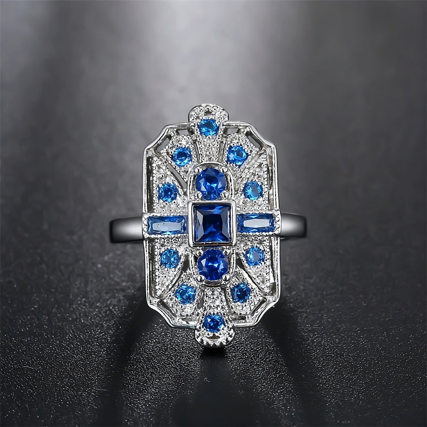 Huge Blue Sapphire Art Deco Silver Geometric Ring