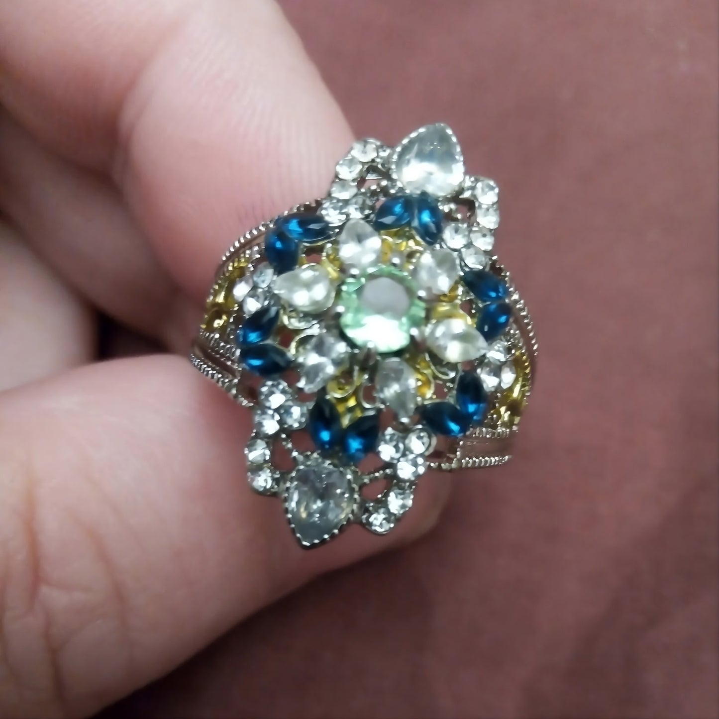Hexagonal Blue & Green Rhinestones Two-Tone Art Deco Ring