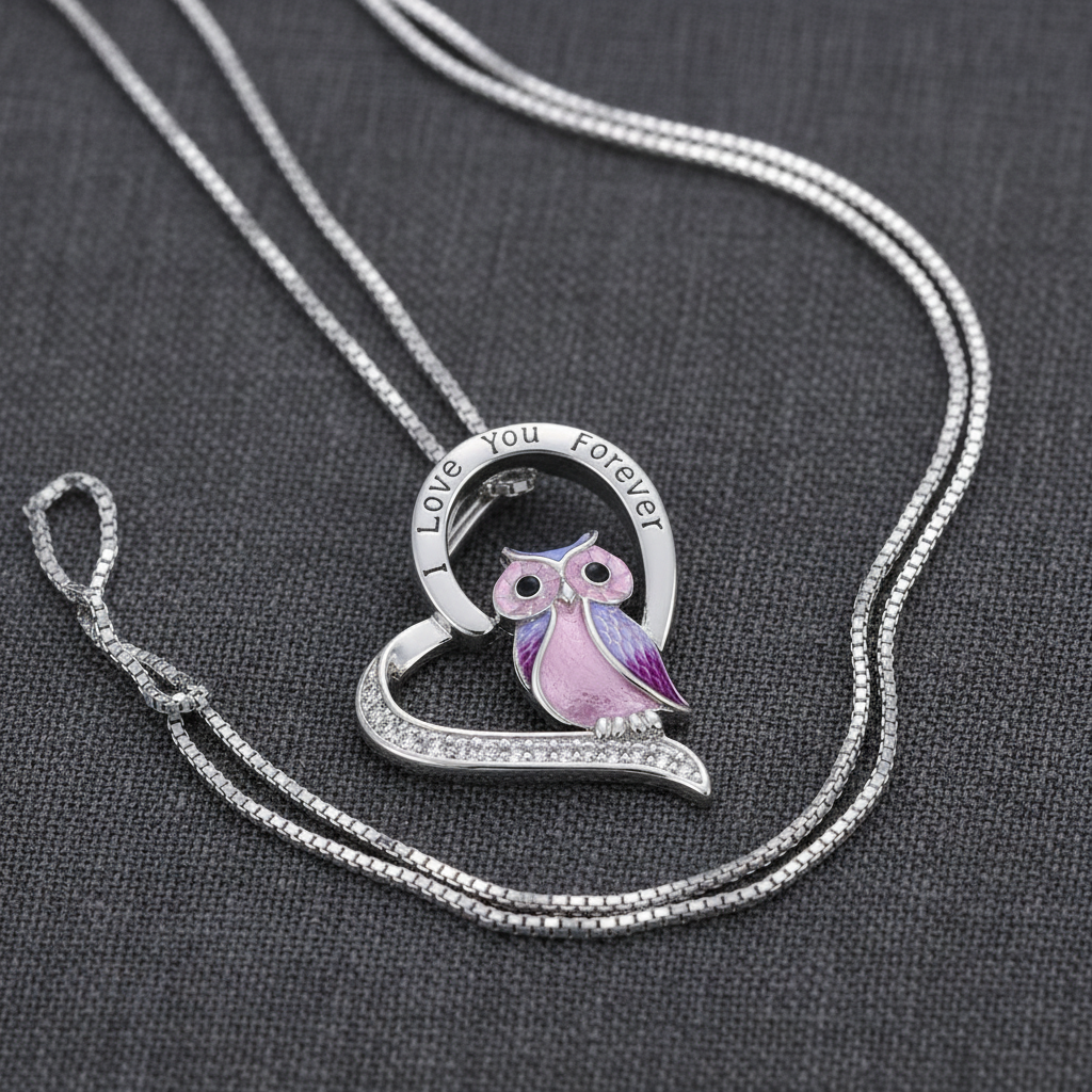 Pink Owl "I LOVE YOU FOREVER" Silver Heart Necklace
