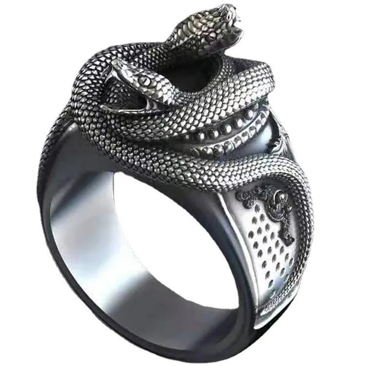 Men's Domineering Double Snake Head Silver Gothic Ring