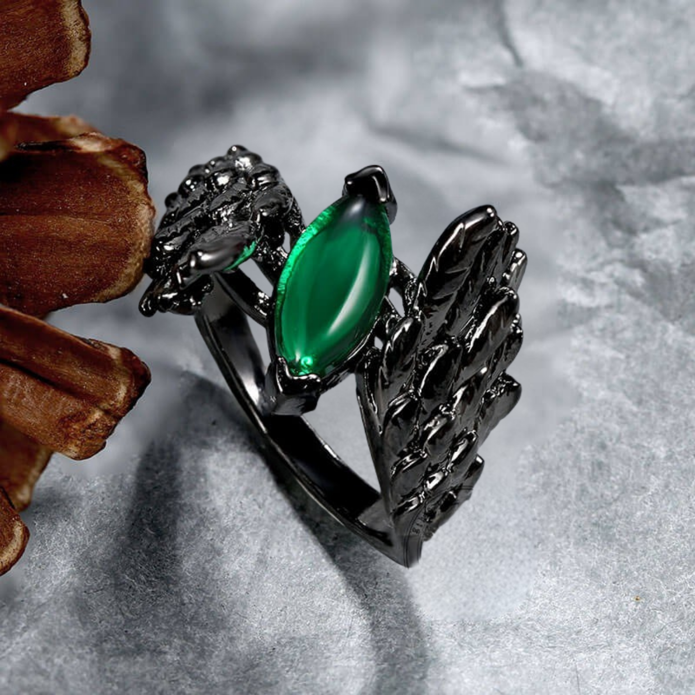 Black Gothic Angel Wing S925 Green Marquise Crystal Ring