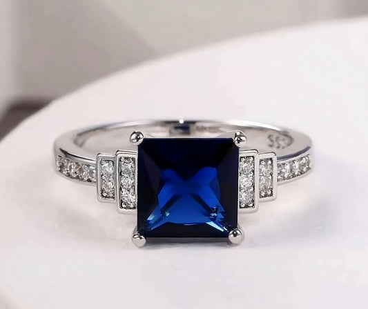 Blue Tanzanite Princess Cut 925 Sterling Silver CZ Ring