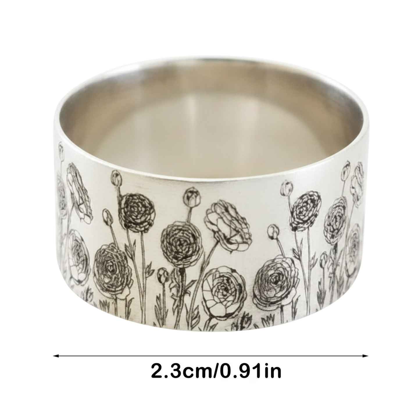 Engraved Dandelion Wildflowers Silver Wide Band Ring