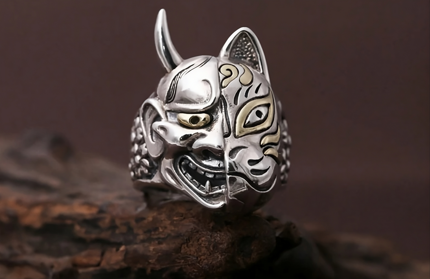 Japanese Prajna Hannya Mask Head Flower Silver Ring