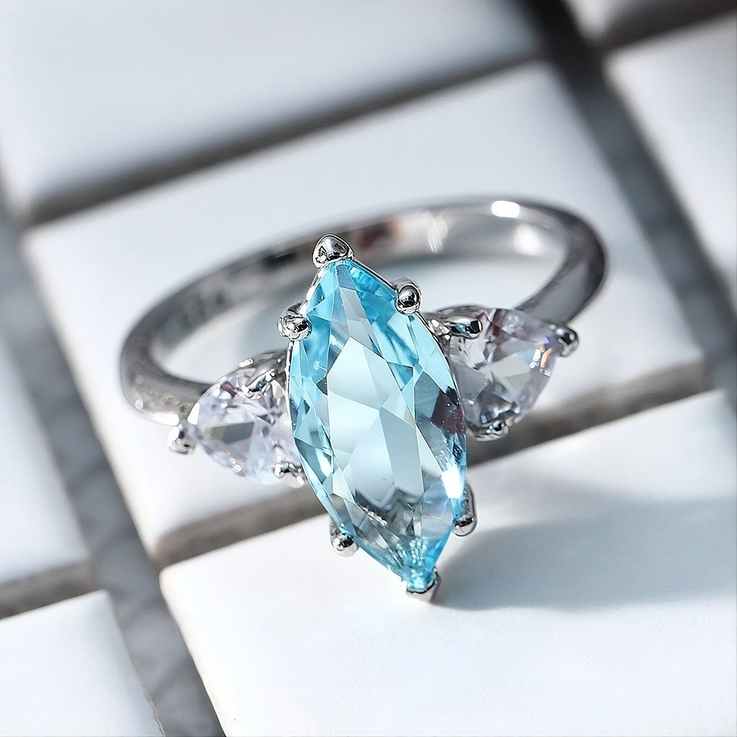 Sterling Silver Blue Aquamarine Marquise Cut Ring