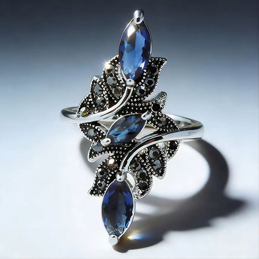 Vintage Faux Blue Sapphire Antique Silver Art Deco Ring
