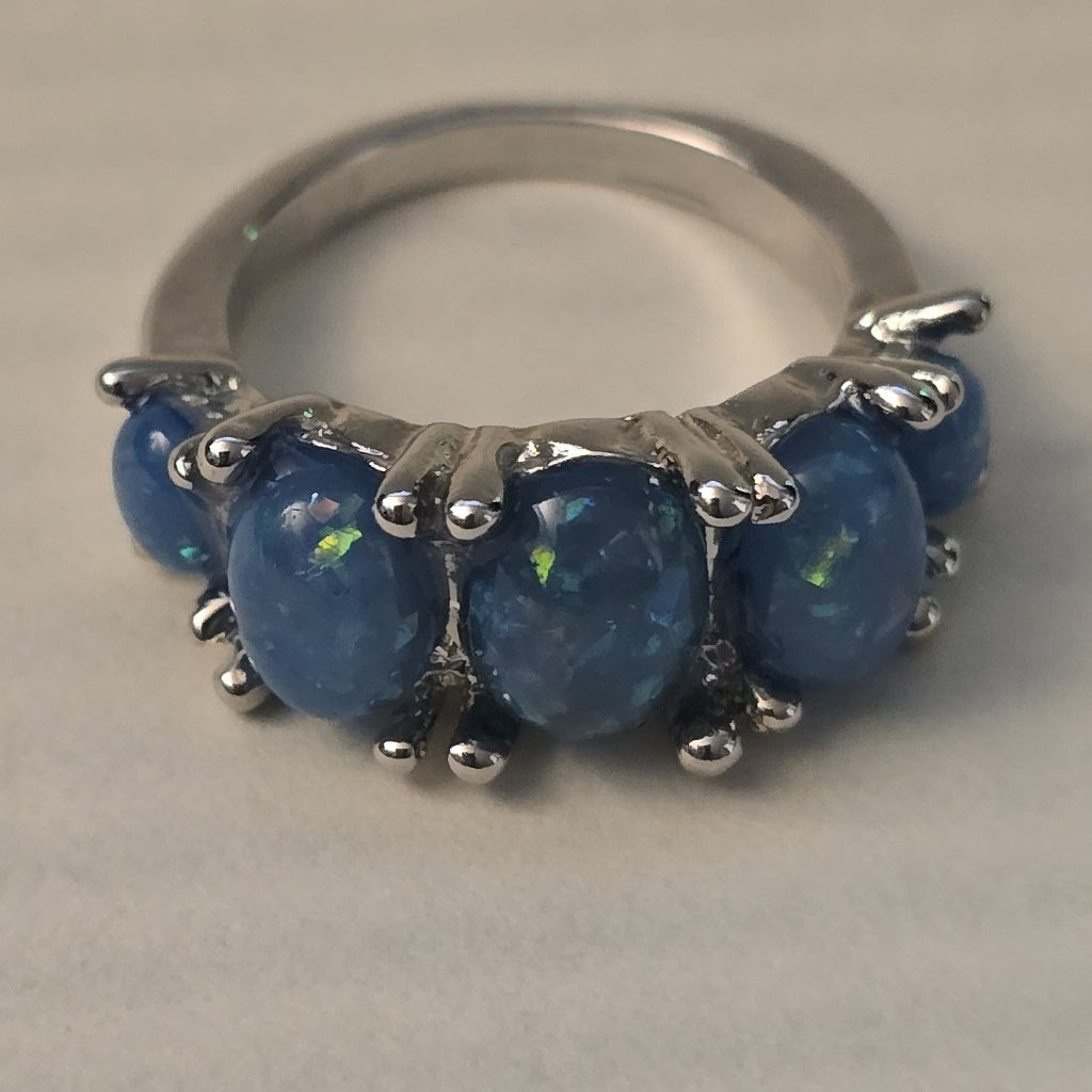 5 Blue Fire Opal Silver Cluster Multi-Stone Ring