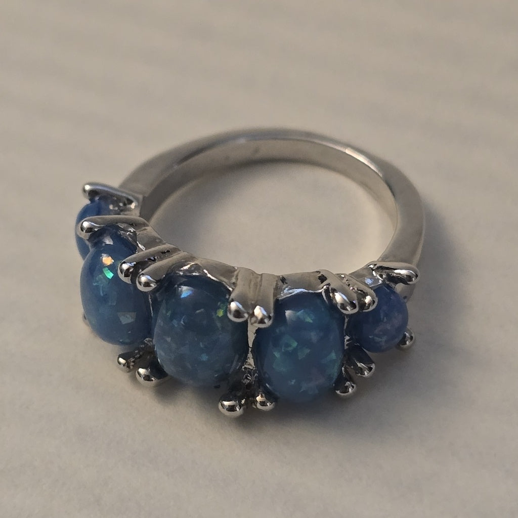 5 Blue Fire Opal Silver Cluster Multi-Stone Ring