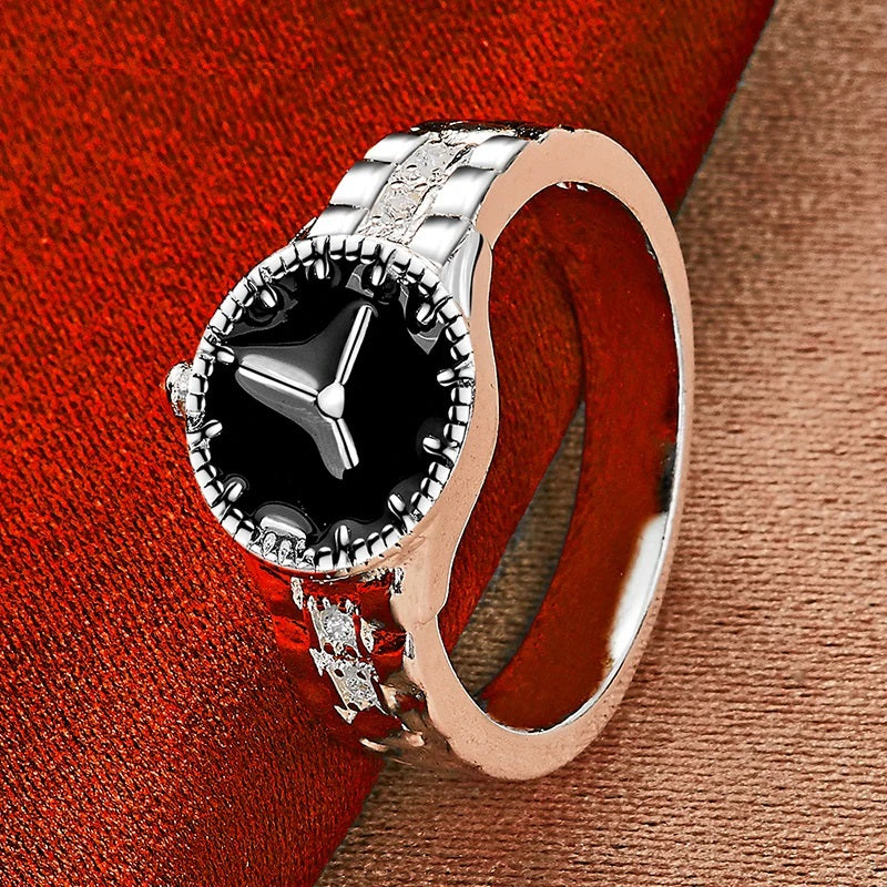 925 Sterling Silver Analog Watch Shaped Clock Ring