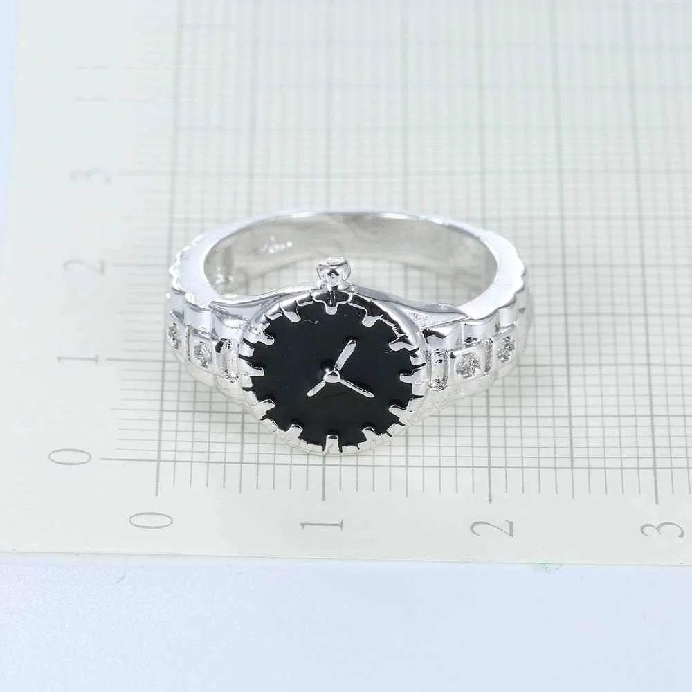 925 Sterling Silver Analog Watch Shaped Clock Ring