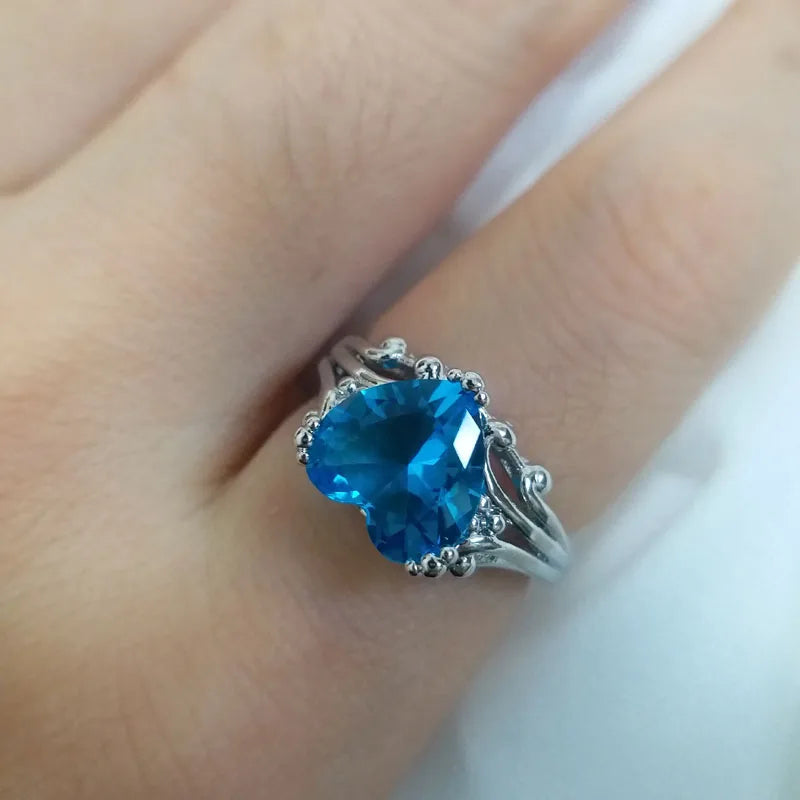 12mm Blue Aquamarine Silver Tone Heart Shaped Ring