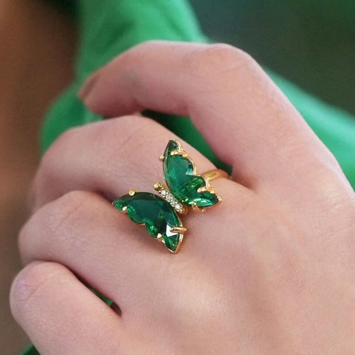 Sweet Emerald Green Crystal Butterfly Open Gold Ring