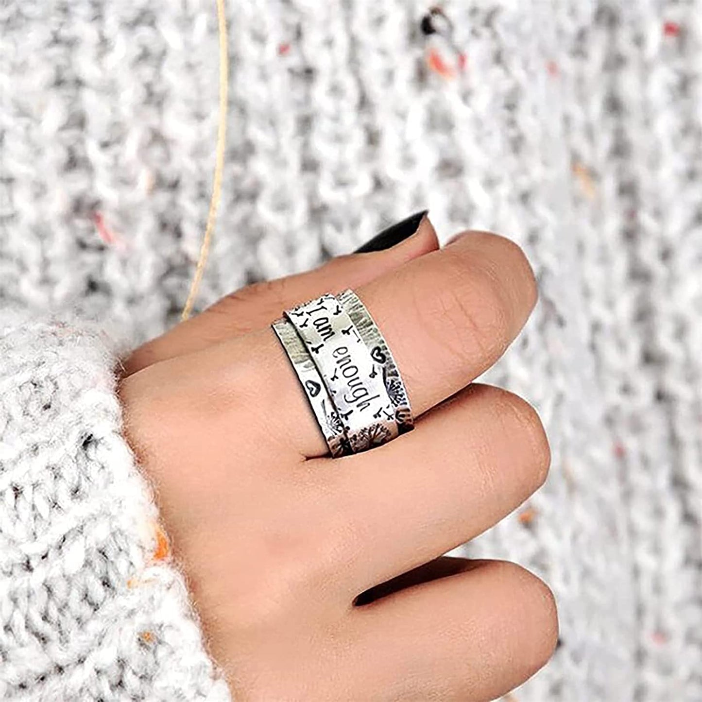 Engraved Dandelion "I Am Enough" Silver Wide Band Ring