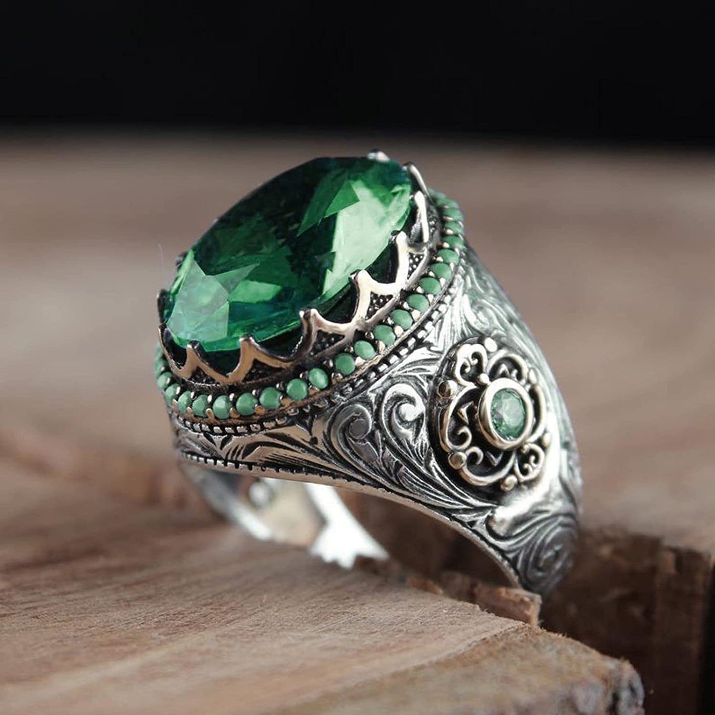 Men's Big Irregular Green Oval Rhinestone Retro Silver Ring