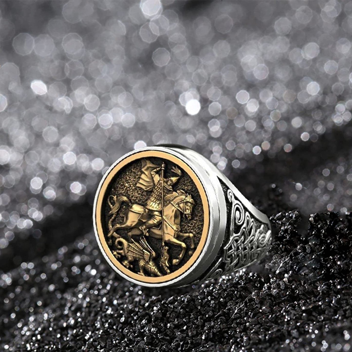 Men's 925 Sterling Silver Rome Soldier Horse Two Tone Ring
