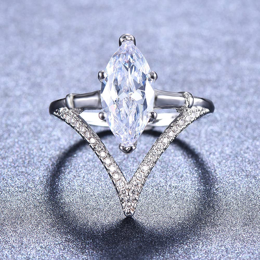 925 Sterling Silver Marquise Cut Moissanite V Shape Engagement Ring