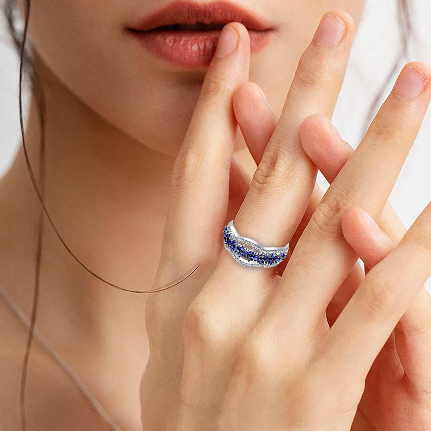 925 Sterling Silver Blue Faux Sapphire Multilayer Ring