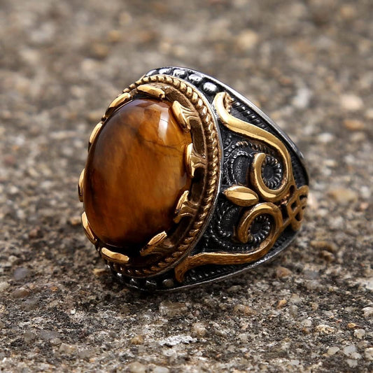 Men's Retro Oval Tiger's Eye King Crown Two-Tone Turkish Ring
