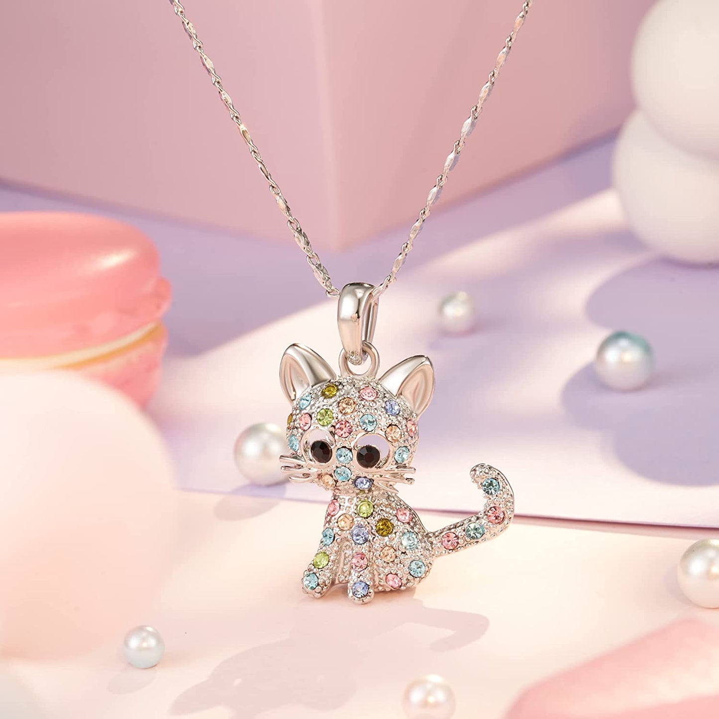 Cute Girls Cat Kitten Colorful Silver Necklace