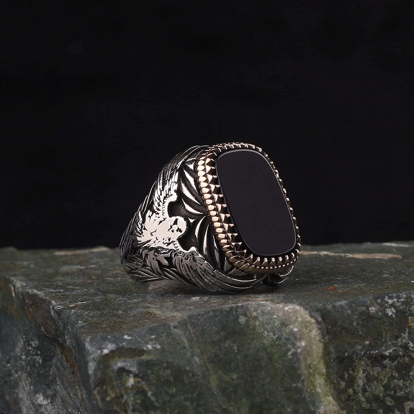 Men's Golden Black Eagle Big Retro Silver Ring