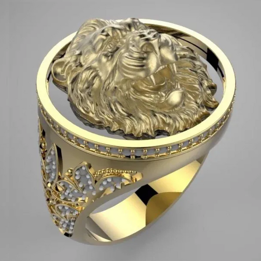 925 Sterling Silver Anillo Lion Head Gold Plated Men's Ring