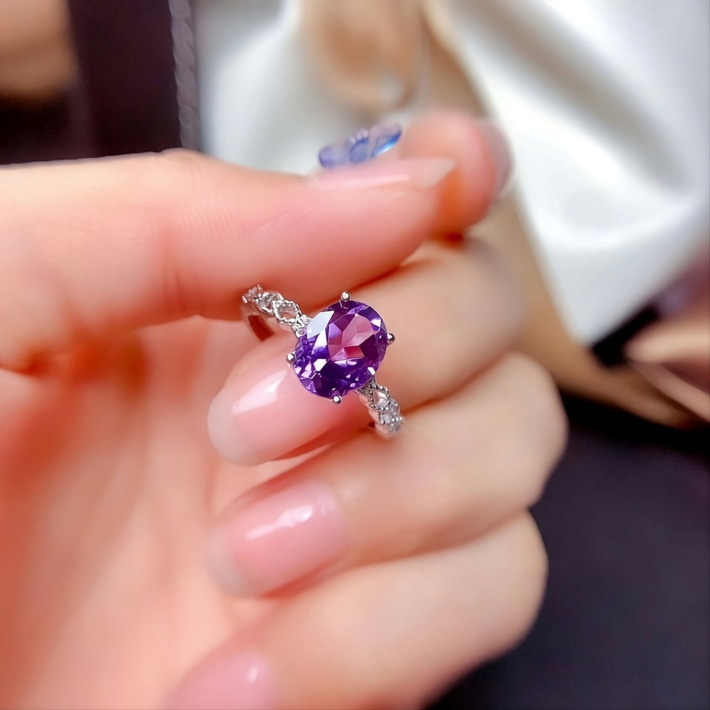 Purple CZ Solitaire 925 Sterling Silver Hollow Band Ring for Women