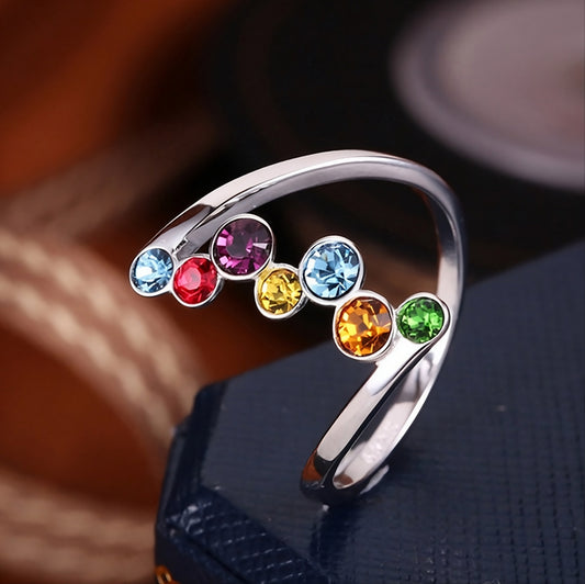 Sterling Silver Multicolor Round Gemstones Colorful Ring
