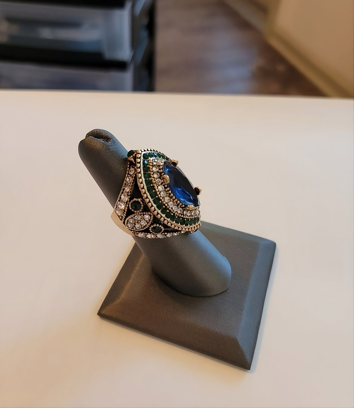 Vintage Bulgaria Blue Marquise Antique Gold Ethnic Ring