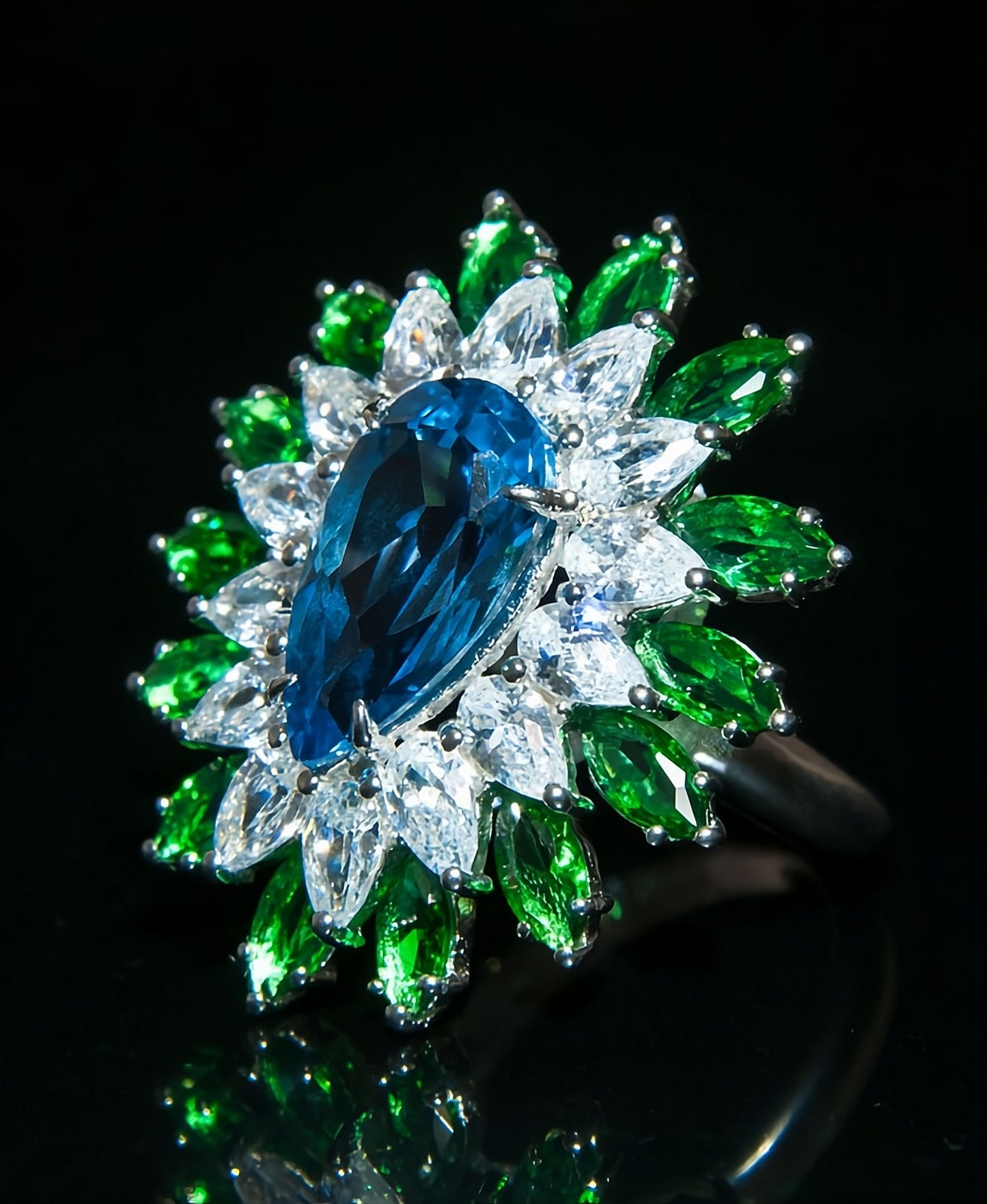 25mm Pear Cut Blue Water Drop Emerald Topaz Flower Ring