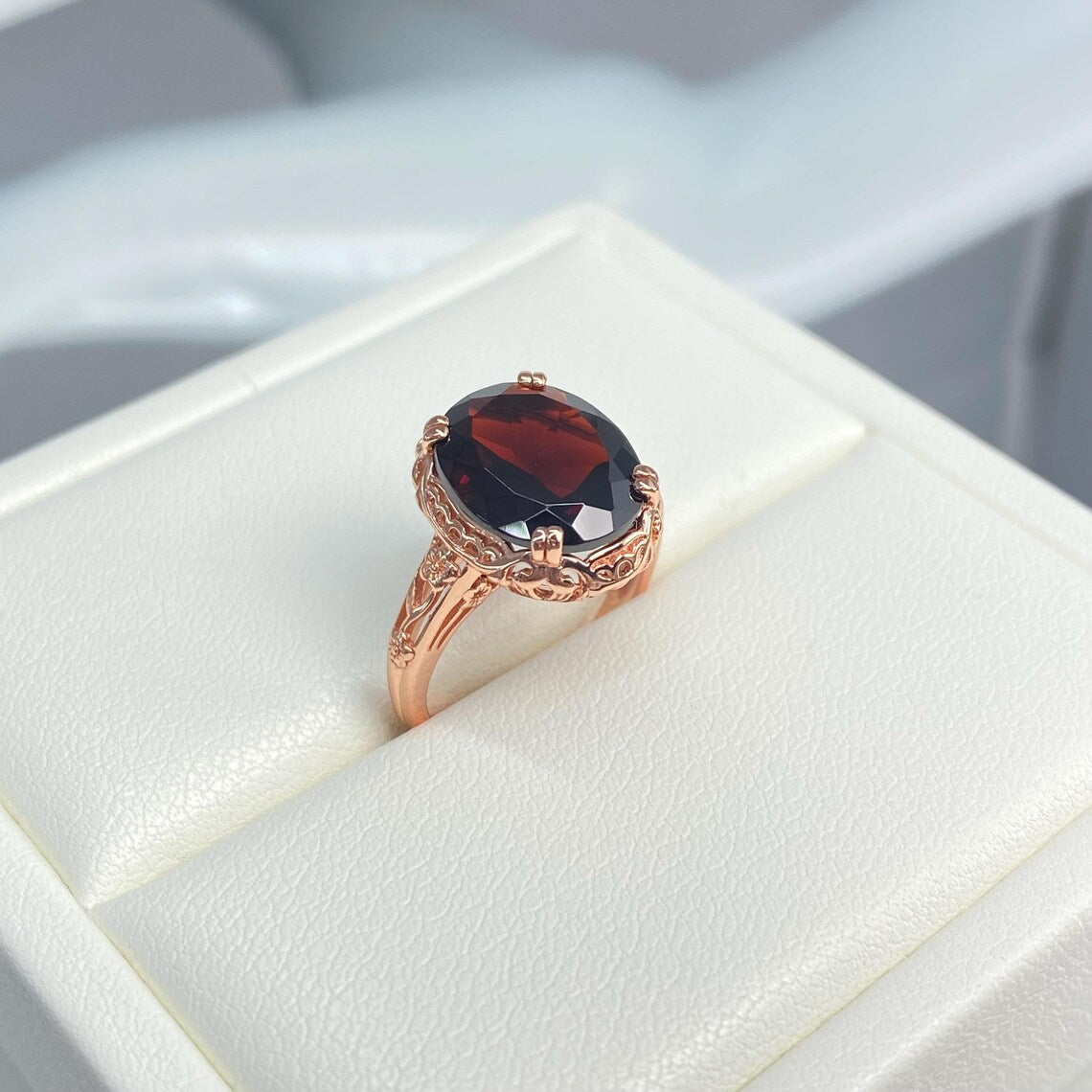 Sterling Silver 14mm Oval Red Garnet Rose Gold Ring