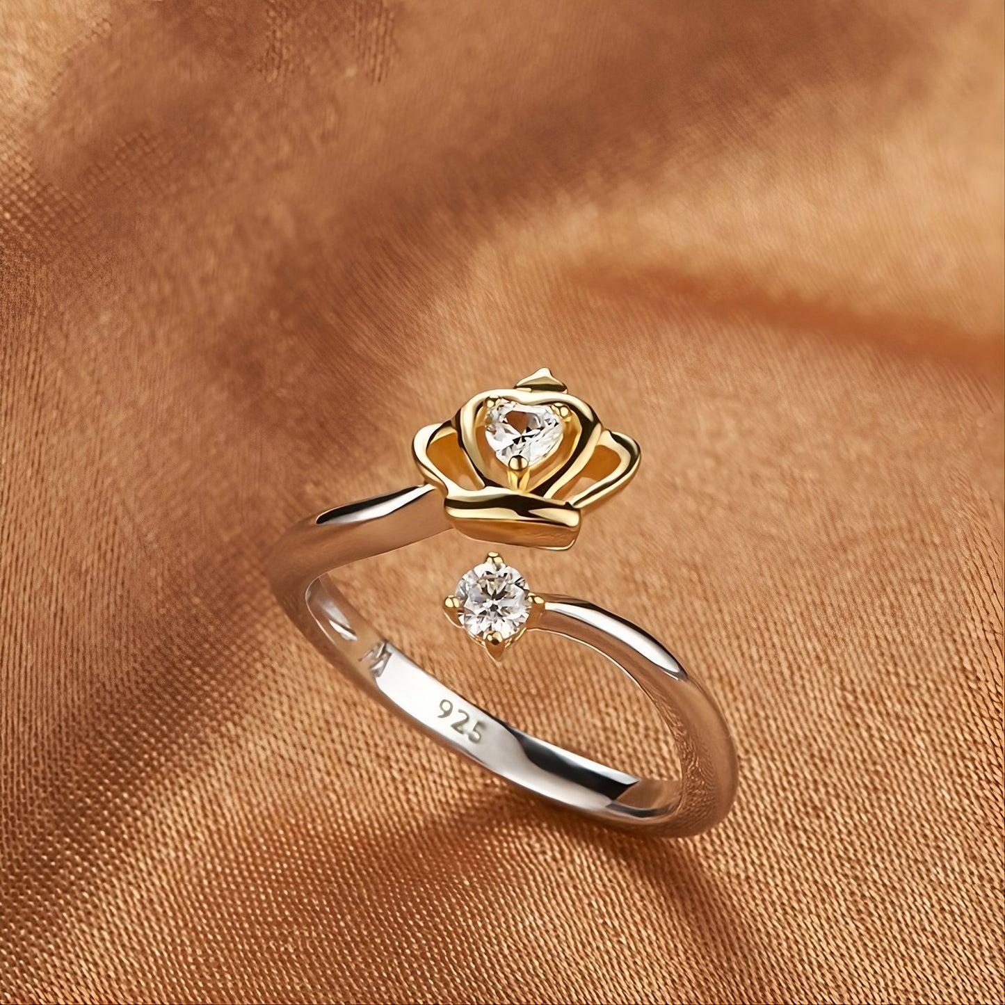 925 Sterling Silver Gold Queen Crown Open Ring