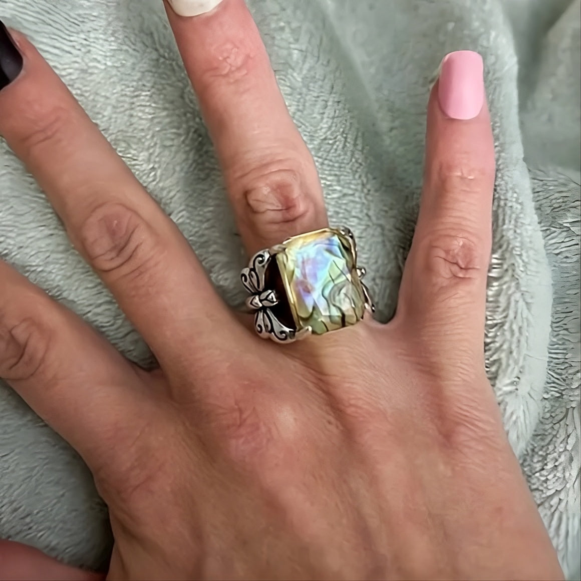Vintage Distressed Colorful Shell Butterfly Antique Silver Ring
