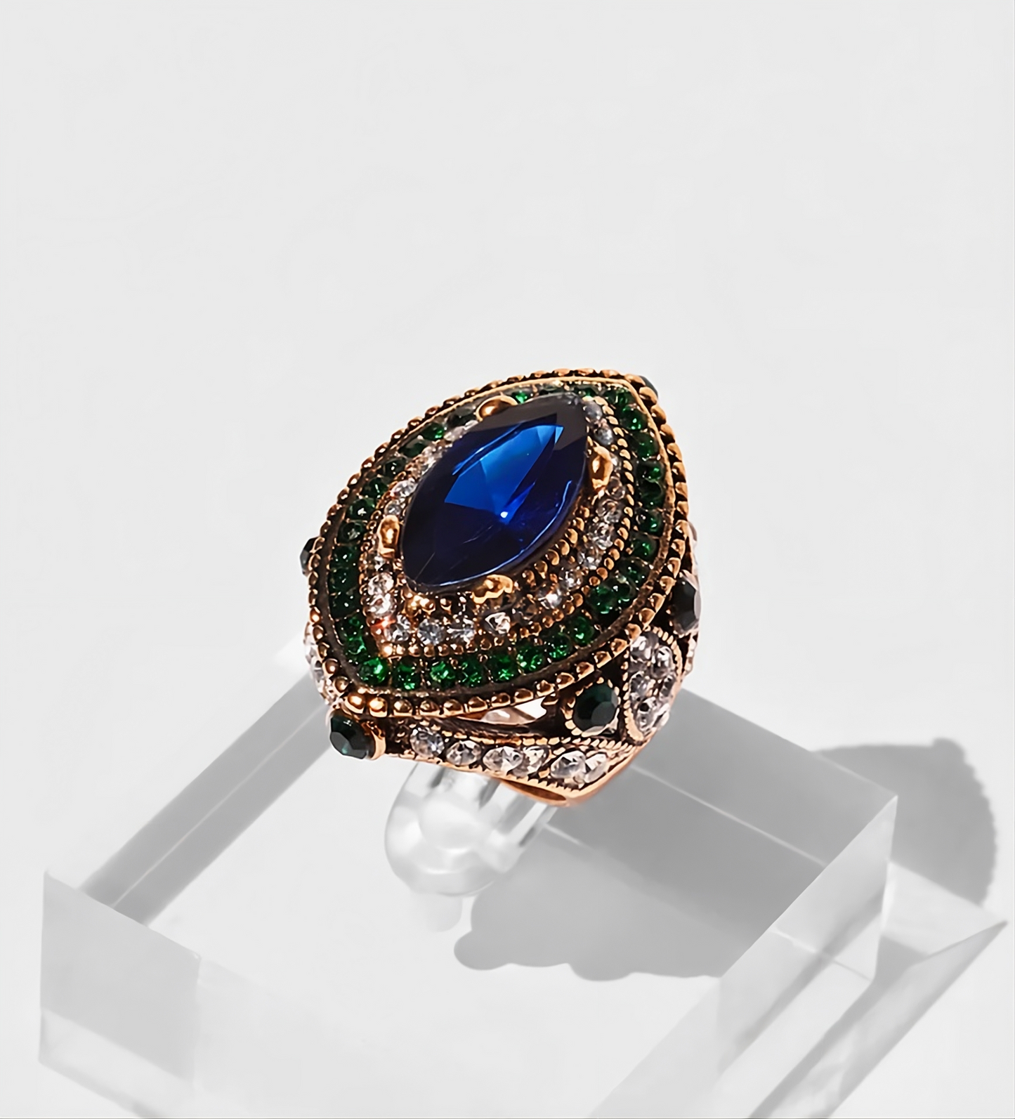 Vintage Bulgaria Blue Marquise Antique Gold Ethnic Ring