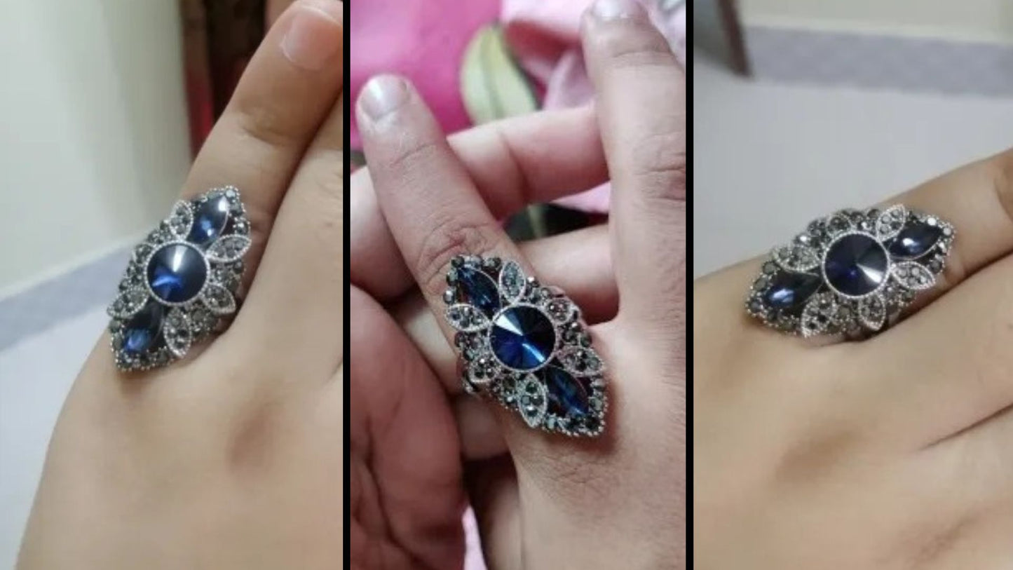 Vintage-Inspired 36mm Blue & Gray Mosaic Antique Silver Art Deco Ring