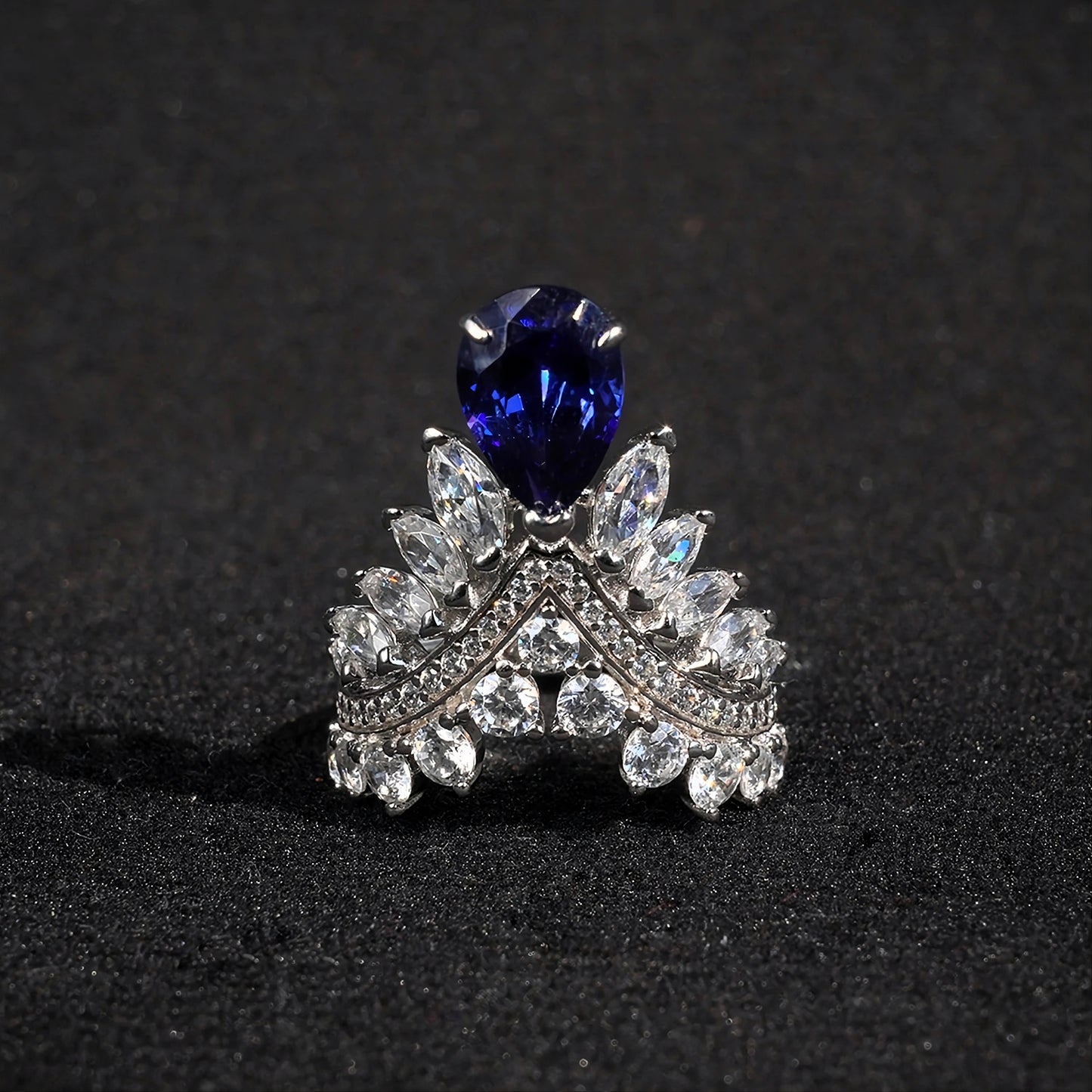 Blue Sapphire Pear Cut Crown Unique Silver Ring