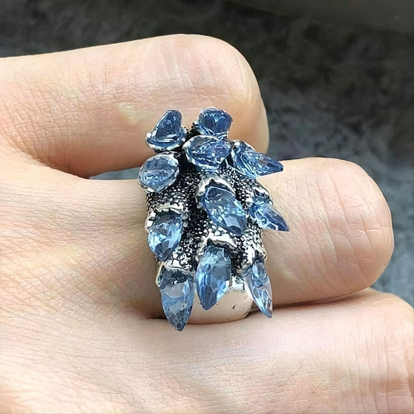 Gothic Silver Ring with Spiky Blue Crystals