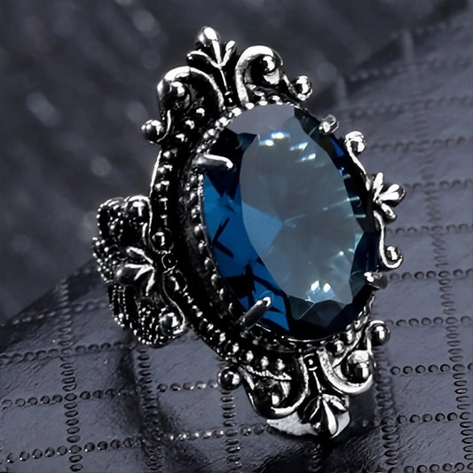 Vintage Blue Oval Egg Shaped Topaz Antique Silver Ring