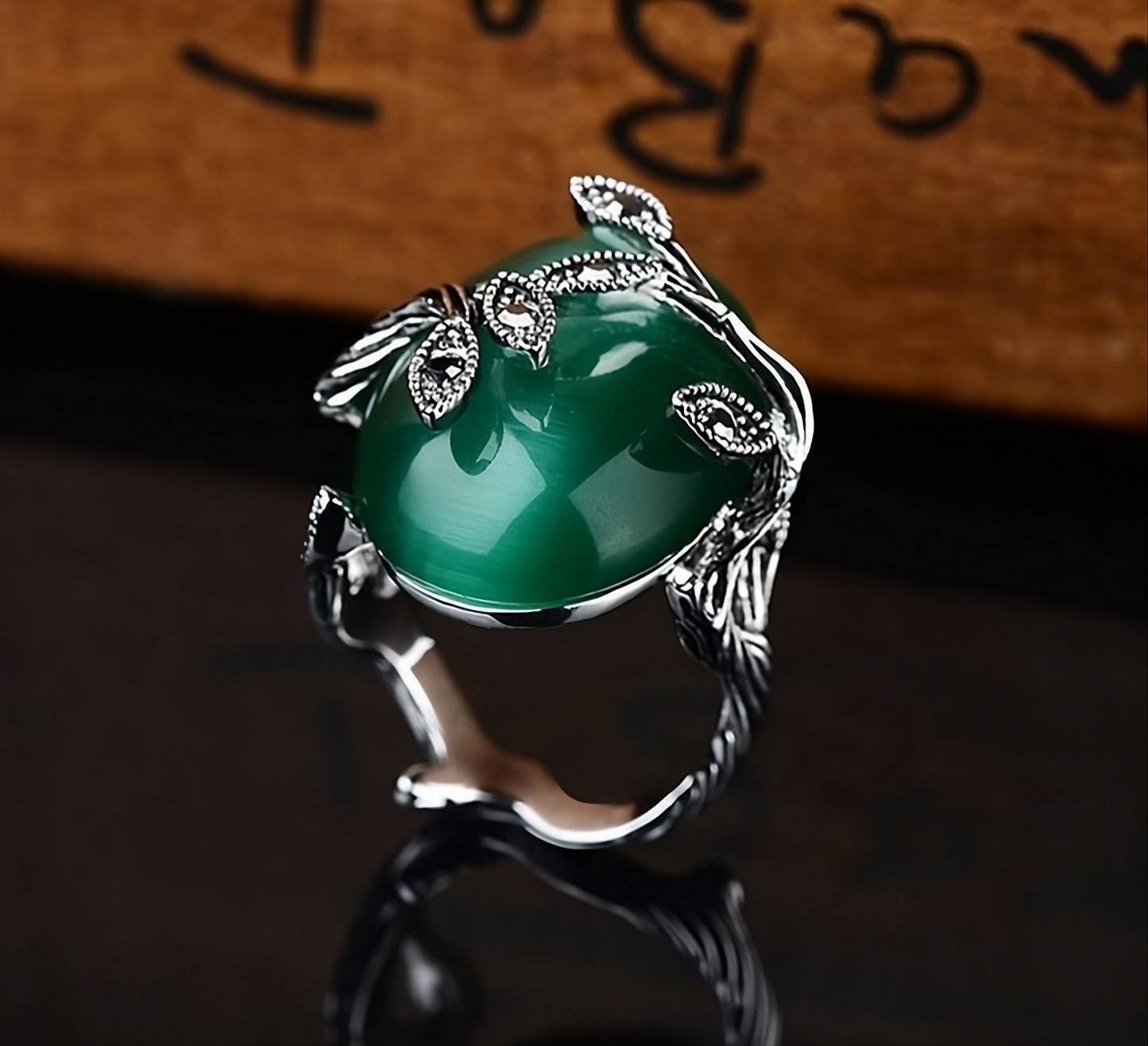 Vintage Handmade Austrian Green Blackened Silver Leaf Ring