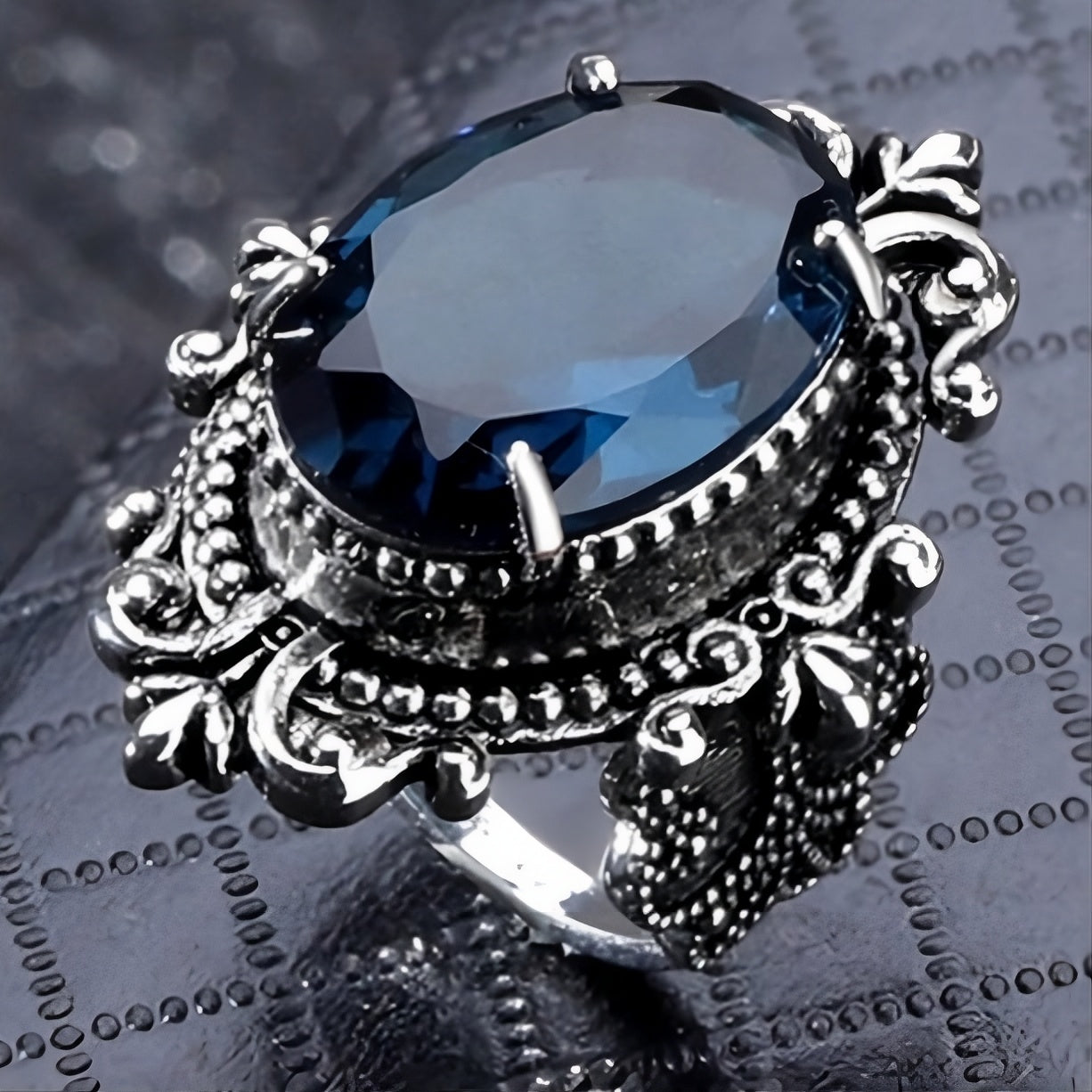 Vintage Blue Oval Egg Shaped Topaz Antique Silver Ring
