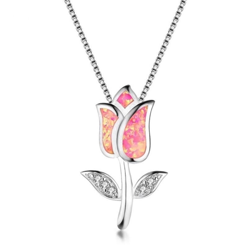 Pink Opal Rose Flower Floral Silver Necklace