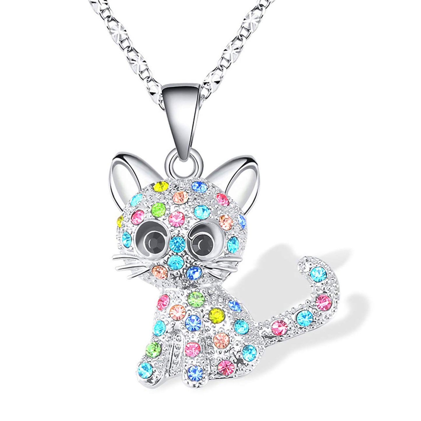 Cute Girls Cat Kitten Colorful Silver Necklace