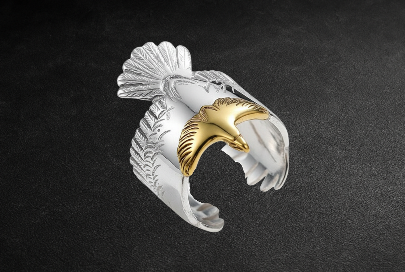 Men's Carved Flying Eagle Wings Open Sterling Silver Plated Two-Tone Ring