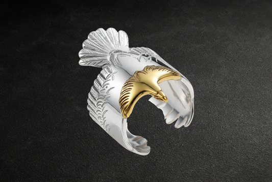 Men's Carved Flying Eagle Wings Open Sterling Silver Plated Two-Tone Ring