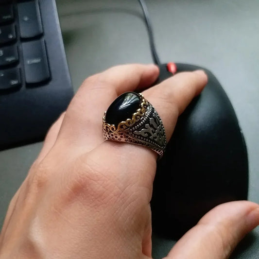 Men's Black Oval Gemstone Two Tone Ethnic Ring