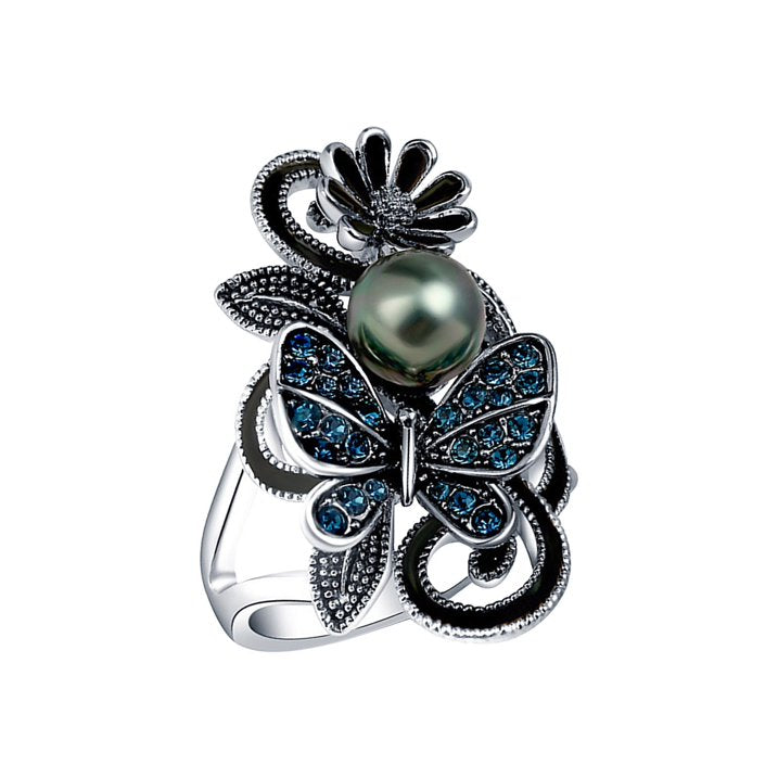 Vintage Navy Blue Pearl Butterfly Silver Flower Ring