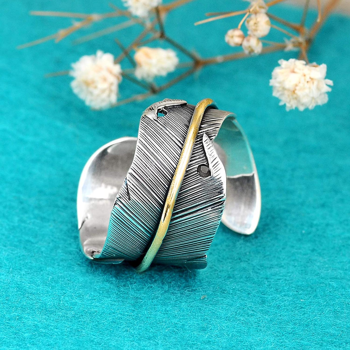 Vintage Carved Feather Open Antique Silver Boho Ring