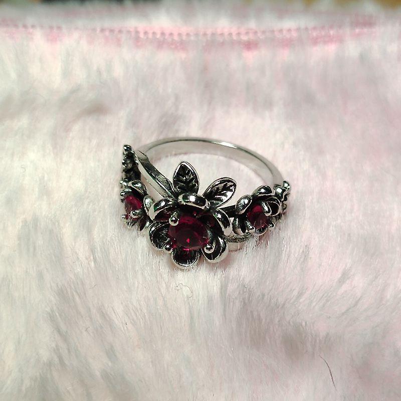 Vintage Old Red Rose Retro Antique Silver Ring