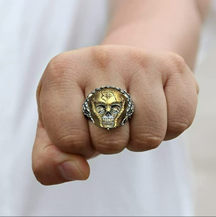 Huge 25mm Viking Warrior Demon Black Skull Biker Gold Helmet Ring